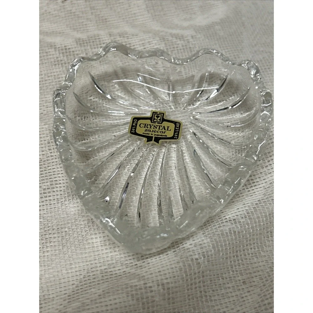 Lead CRYSTAL Heart Shaped Dish With Powder Puffs Trinkets Tray Cosmetics Zajecar